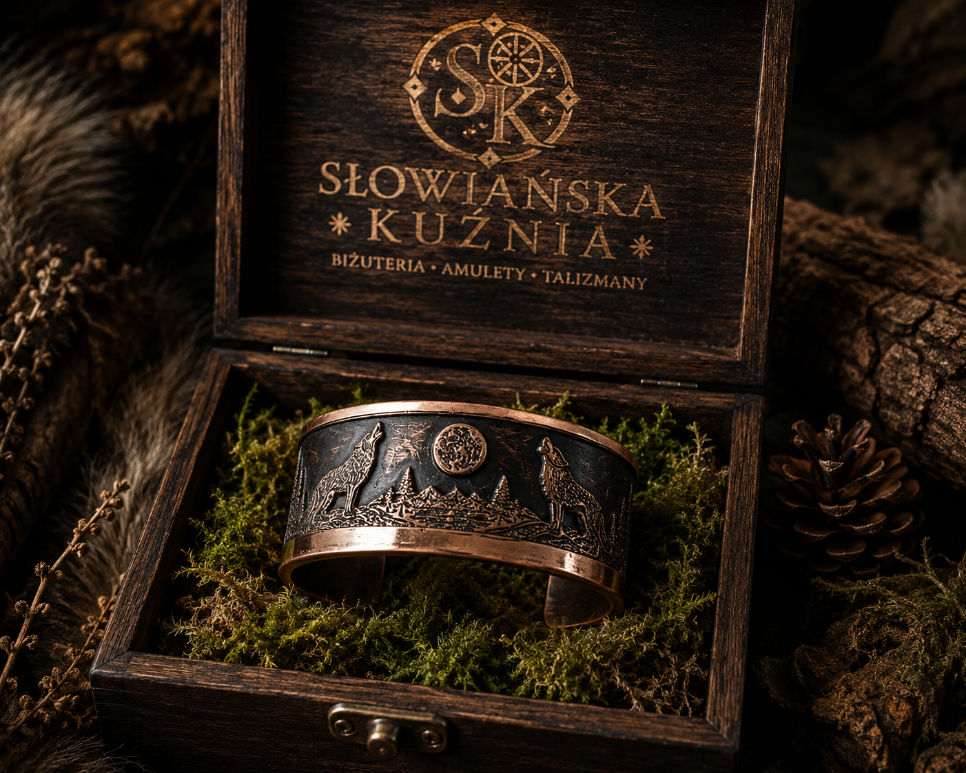 ZEW KSIĘŻYCA – MIEDZIANA BRANSOLETA Z WILKAMI